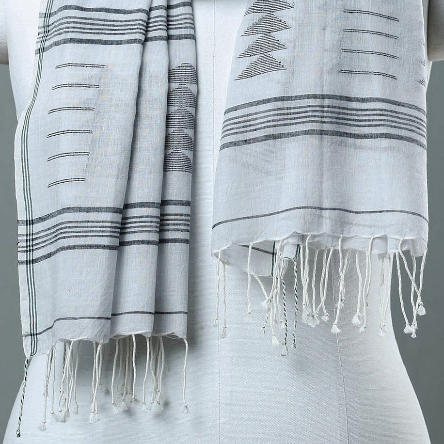 Grey - Burdwan Jamdani Cotton Handloom Stole with Tassels 35