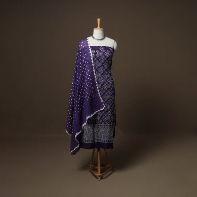 Kutch Bandhani Sequin Work Satin Cotton Unstitched Dress Material: Kurta, Bottom & Dupatta 05