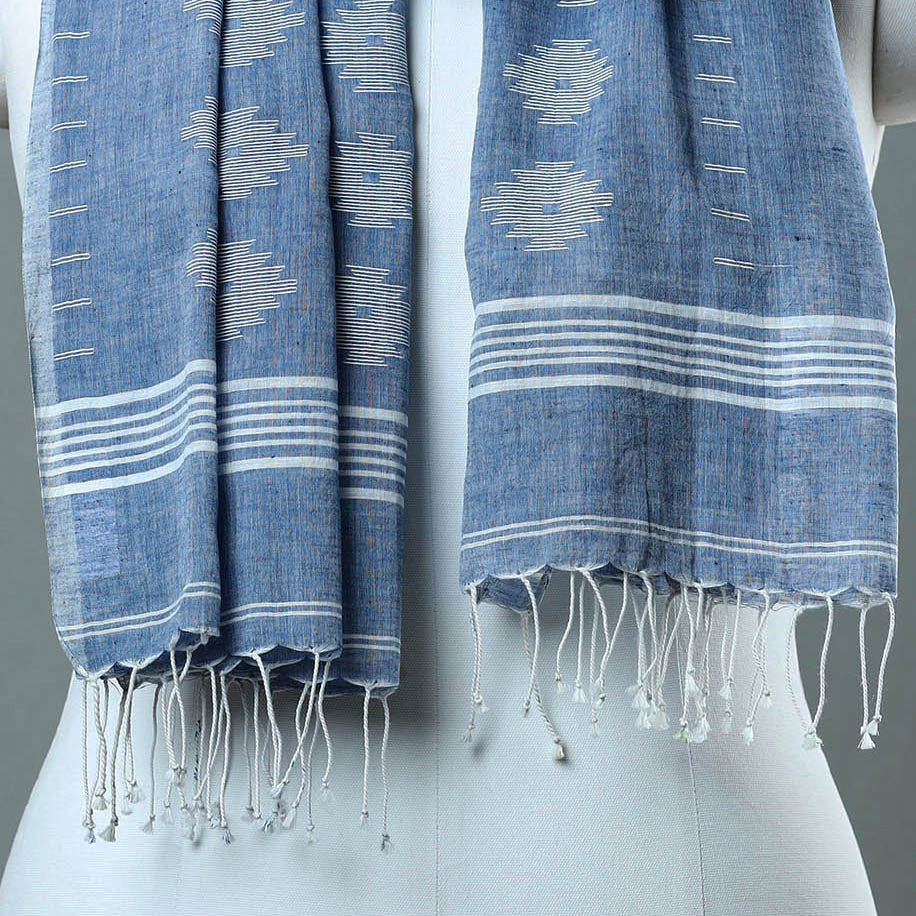 Blue - Burdwan Jamdani Cotton Handloom Stole with Tassels 37