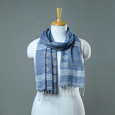 Blue - Burdwan Jamdani Cotton Handloom Stole with Tassels 37