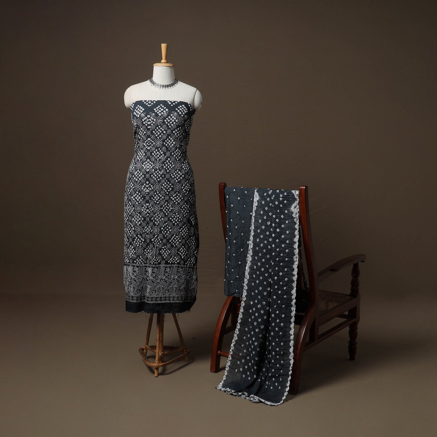 Kutch Bandhani Sequin Work Satin Cotton Unstitched Dress Material: Kurta, Bottom & Dupatta 06