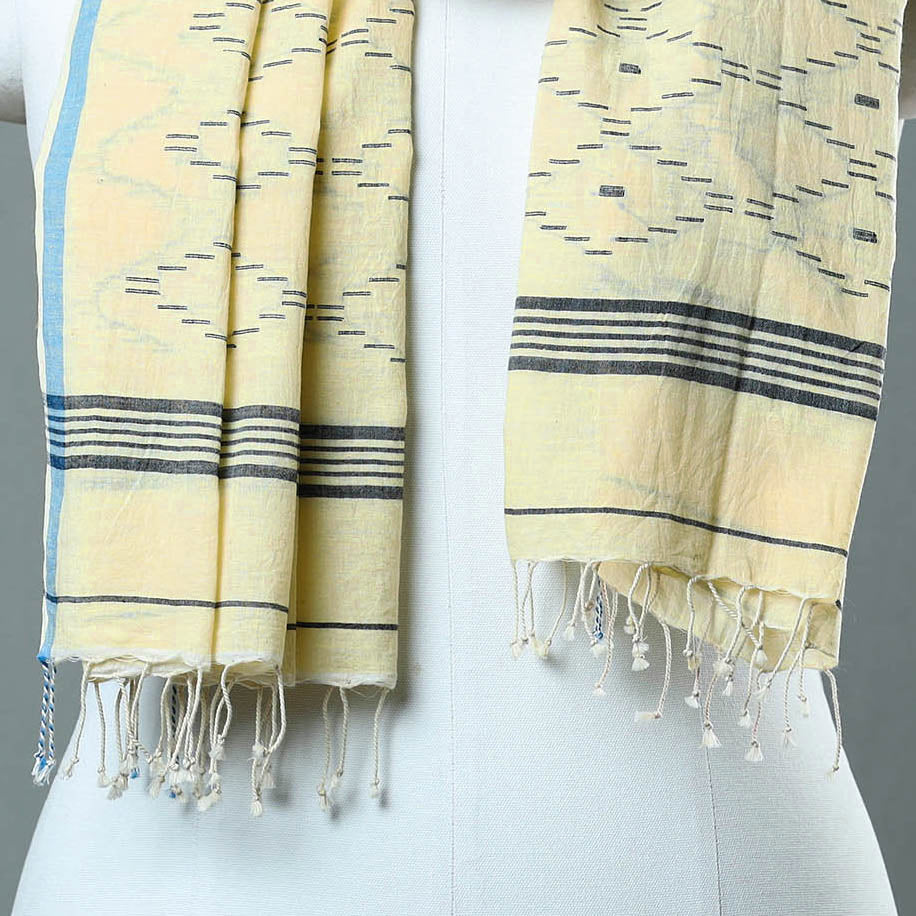 Yellow - Burdwan Jamdani Cotton Handloom Stole with Tassels 41