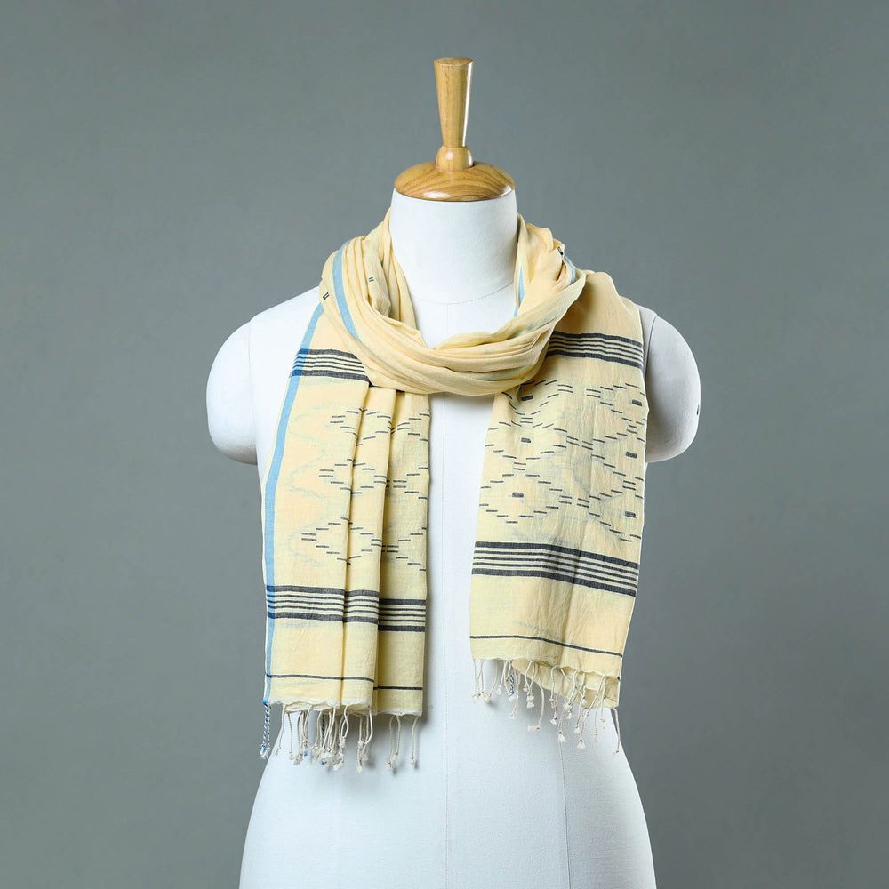 Yellow - Burdwan Jamdani Cotton Handloom Stole with Tassels 41