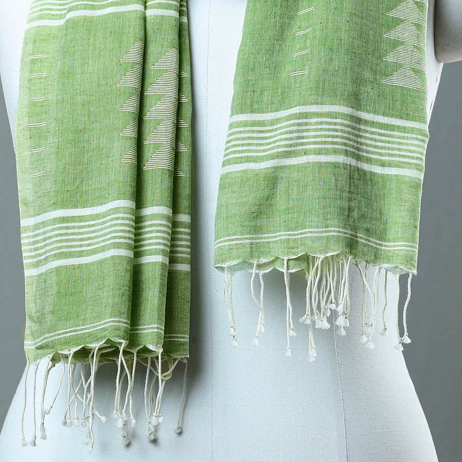 Green - Burdwan Jamdani Cotton Handloom Stole with Tassels 42