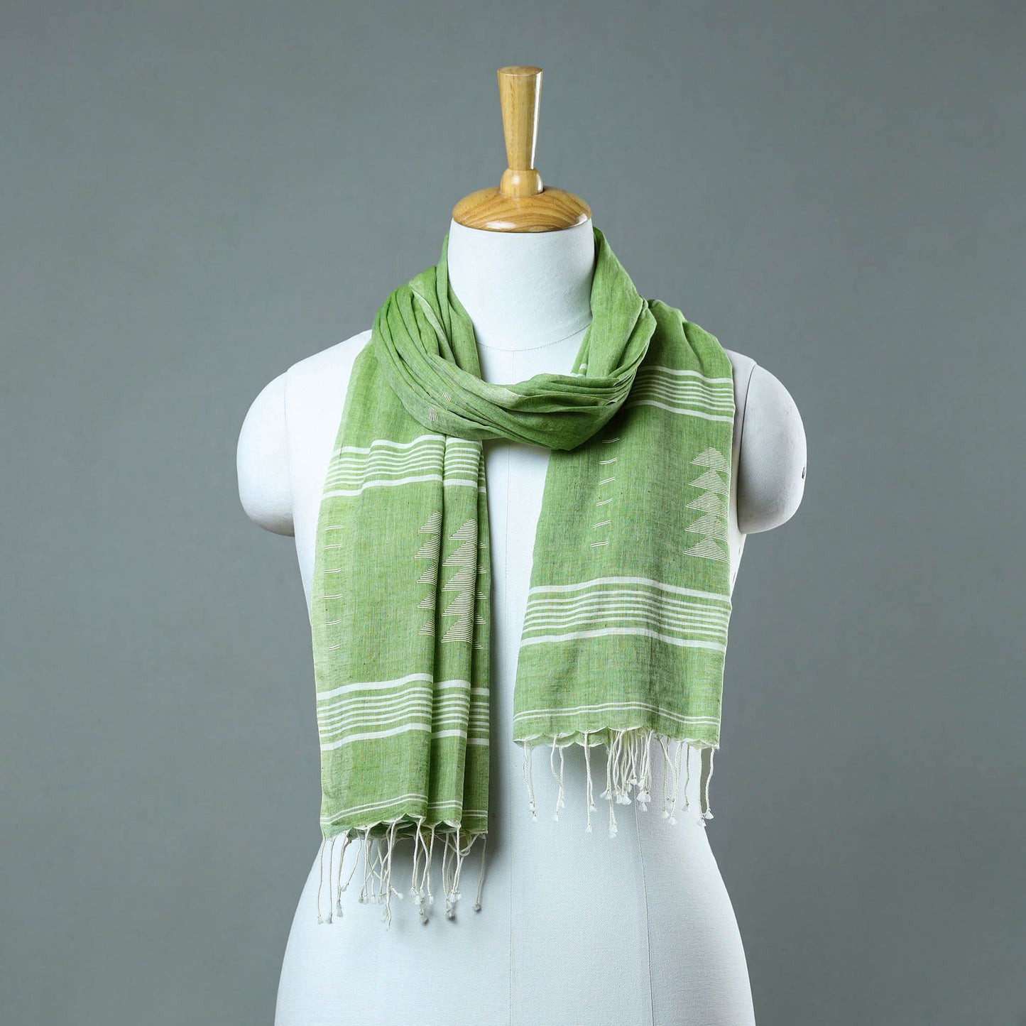 Green - Burdwan Jamdani Cotton Handloom Stole with Tassels 42