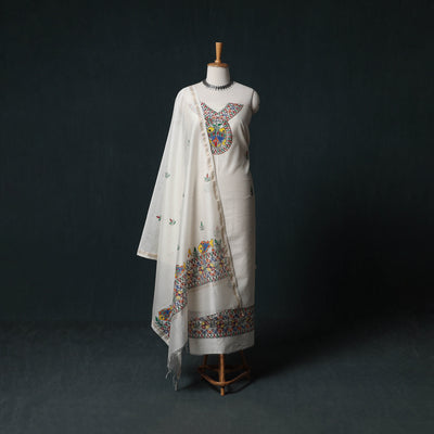 White - Madhubani Handpainted Chanderi Silk 2pc Unstitched Dress Material Kurta Set 07