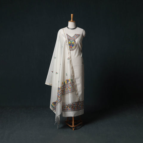 Madhubani Handpainted Chanderi Silk 2pc Unstitched Dress Material Kurta Set 07