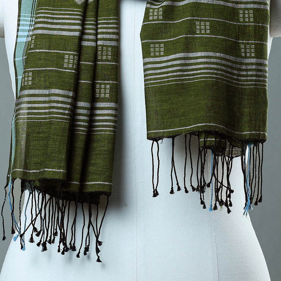 Green - Burdwan Jamdani Cotton Handloom Stole with Tassels 43