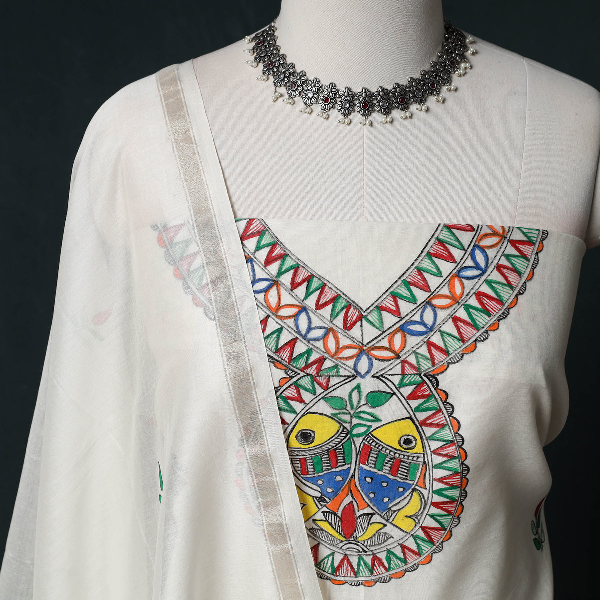 White - Madhubani Handpainted Chanderi Silk 2pc Unstitched Dress Material Kurta Set 07