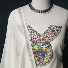 White - Madhubani Handpainted Chanderi Silk 2pc Unstitched Dress Material Kurta Set 07