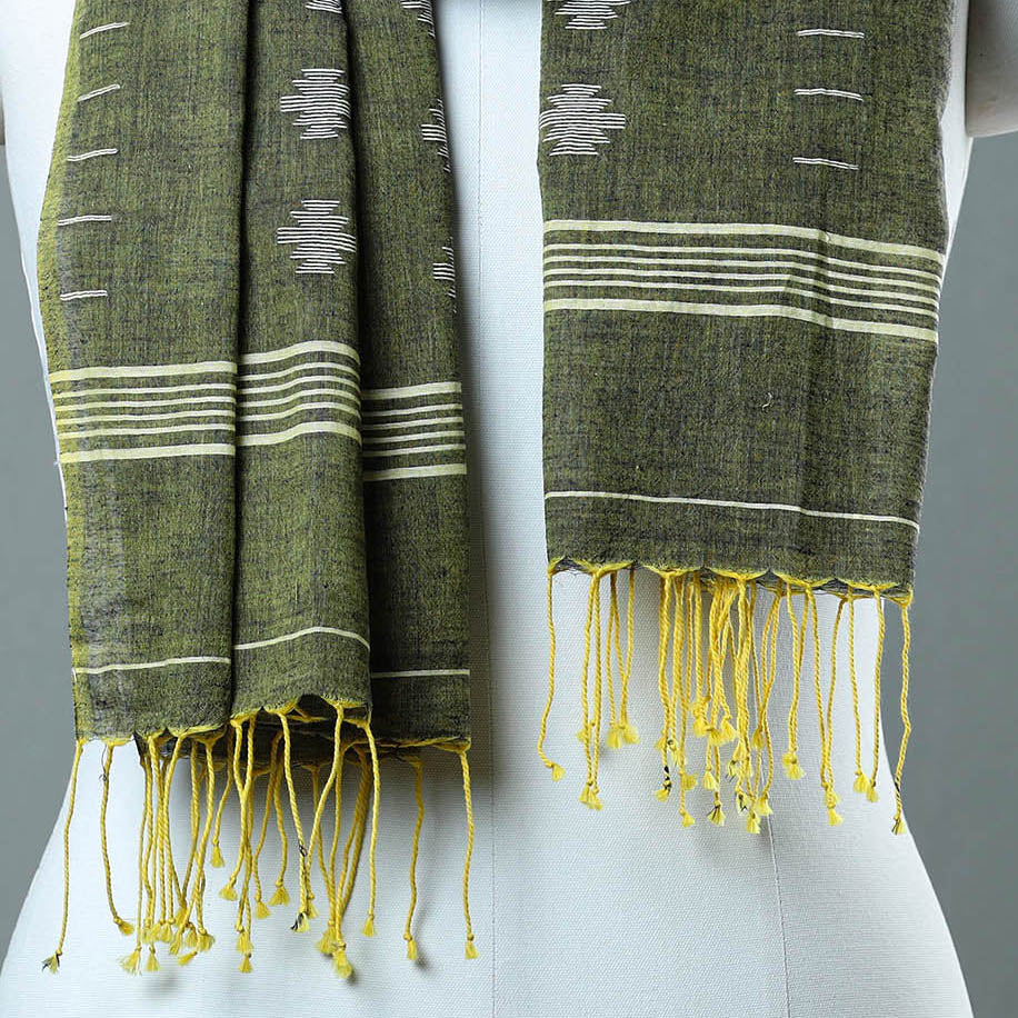 Green - Burdwan Jamdani Cotton Handloom Stole with Tassels 44