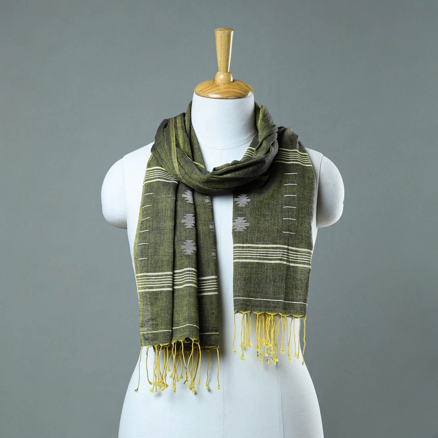 Green - Burdwan Jamdani Cotton Handloom Stole with Tassels 44