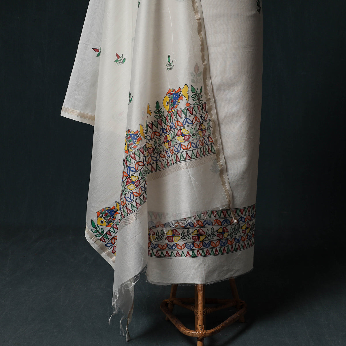 White - Madhubani Handpainted Chanderi Silk 2pc Unstitched Dress Material Kurta Set 07