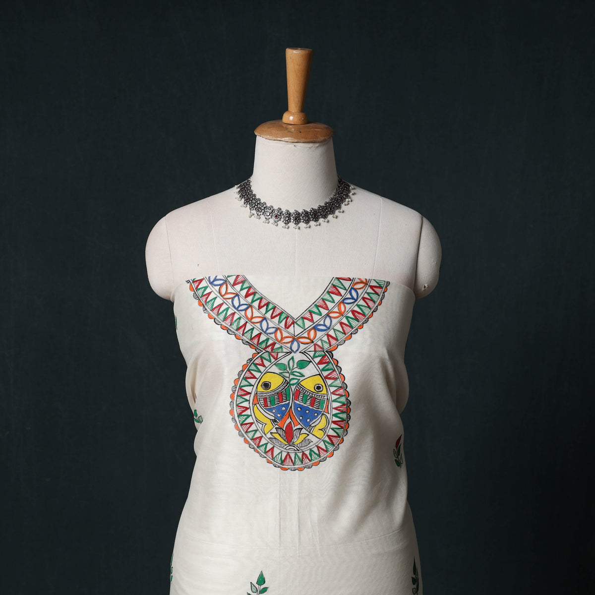 White - Madhubani Handpainted Chanderi Silk 2pc Unstitched Dress Material Kurta Set 07