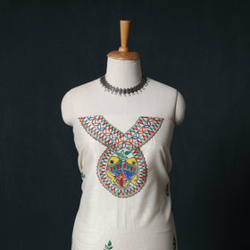 White - Madhubani Handpainted Chanderi Silk 2pc Unstitched Dress Material Kurta Set 07