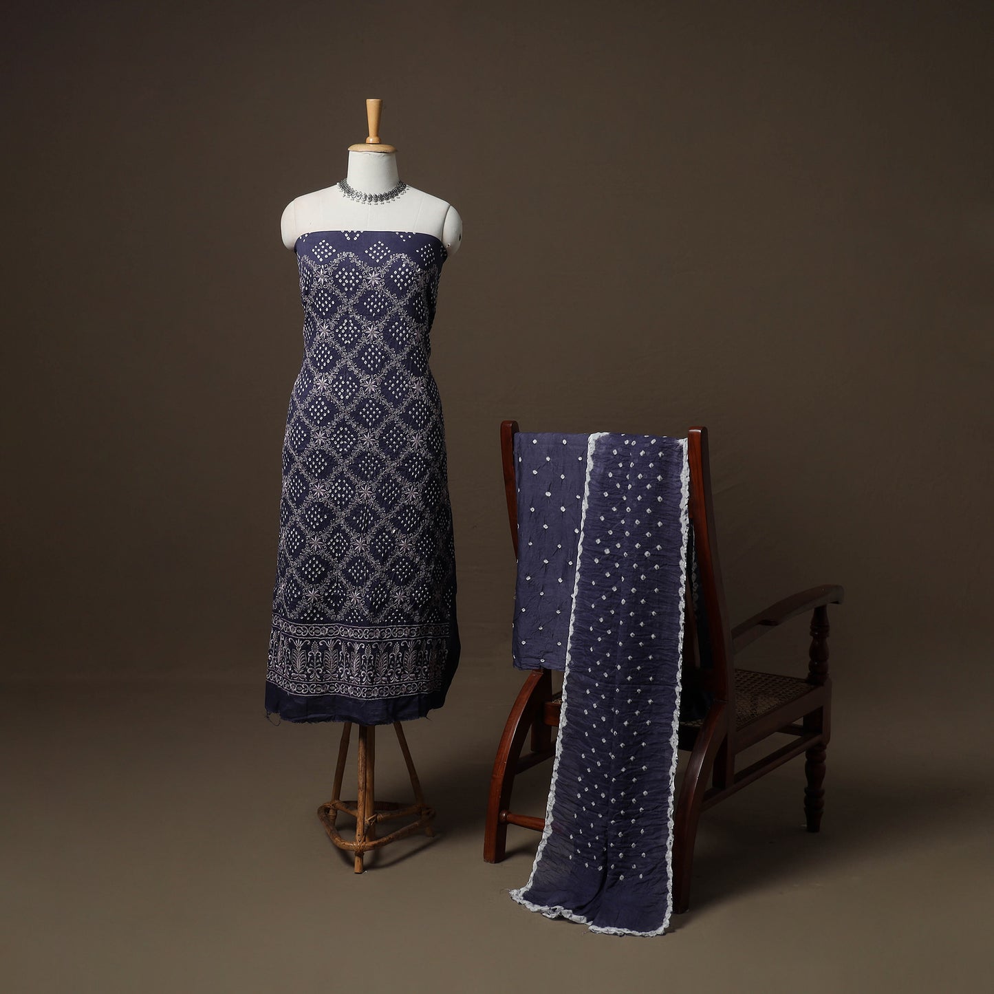 Kutch Bandhani Sequin Work Satin Cotton Unstitched Dress Material: Kurta, Bottom & Dupatta 07