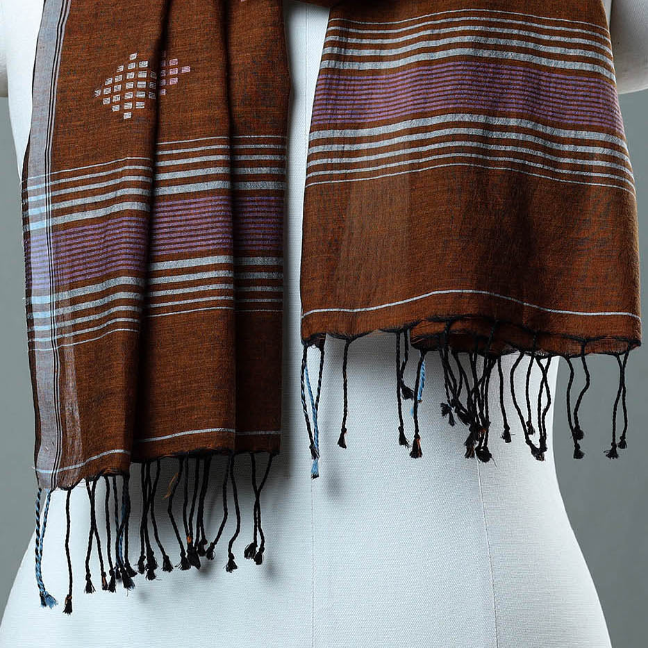 Brown - Burdwan Jamdani Cotton Handloom Stole with Tassels 47