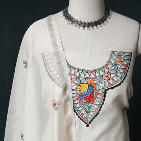 White - Madhubani Handpainted Chanderi Silk 2pc Unstitched Dress Material Kurta Set 08