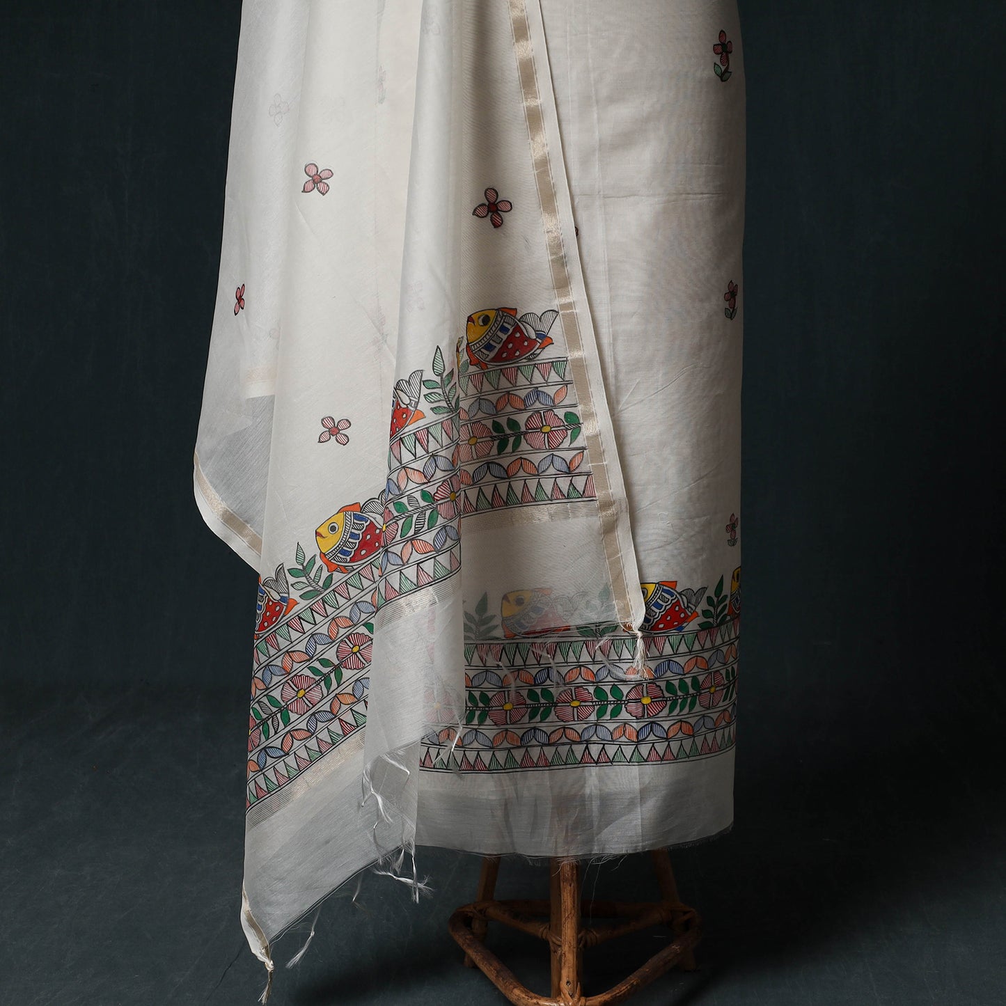 White - Madhubani Handpainted Chanderi Silk 2pc Unstitched Dress Material Kurta Set 08