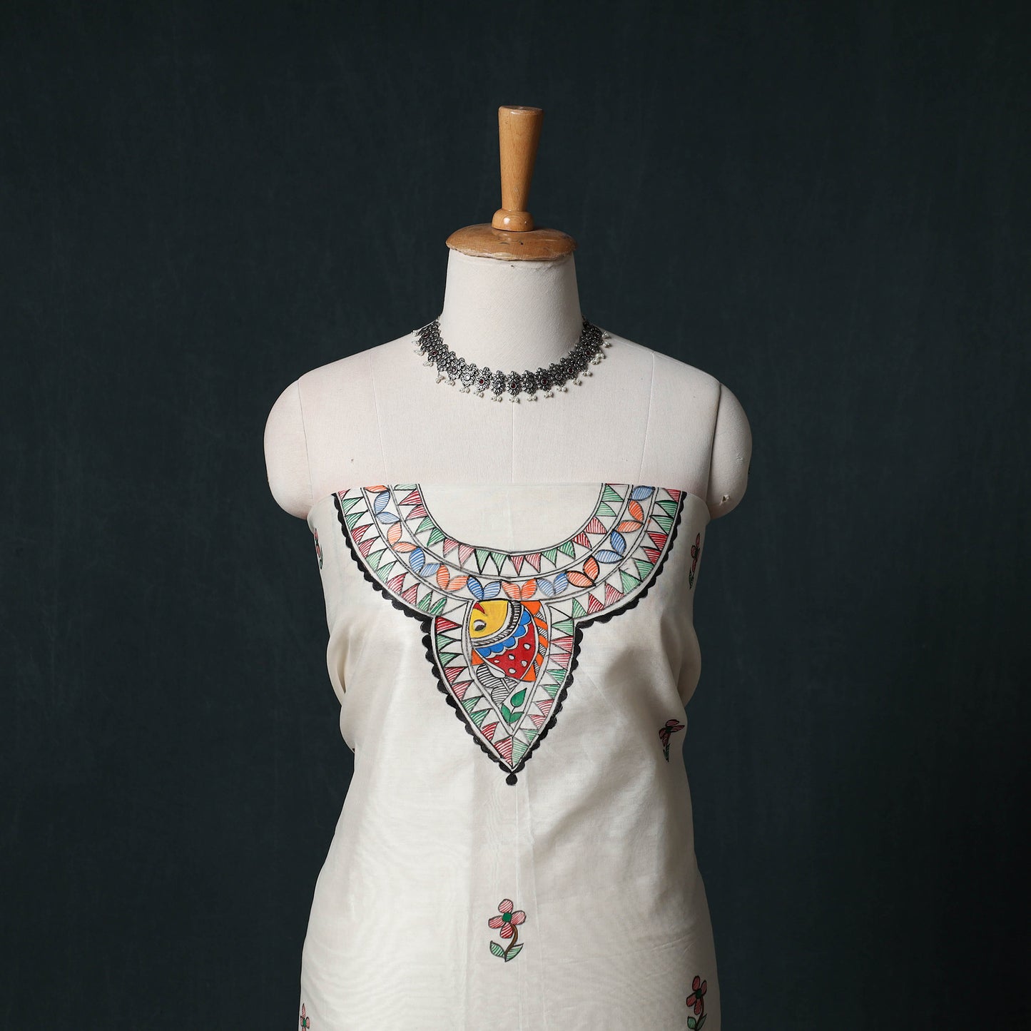 White - Madhubani Handpainted Chanderi Silk 2pc Unstitched Dress Material Kurta Set 08