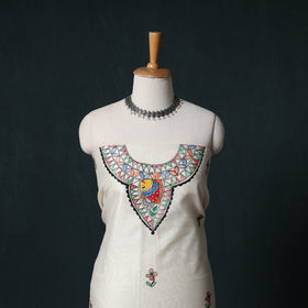 White - Madhubani Handpainted Chanderi Silk 2pc Unstitched Dress Material Kurta Set 08