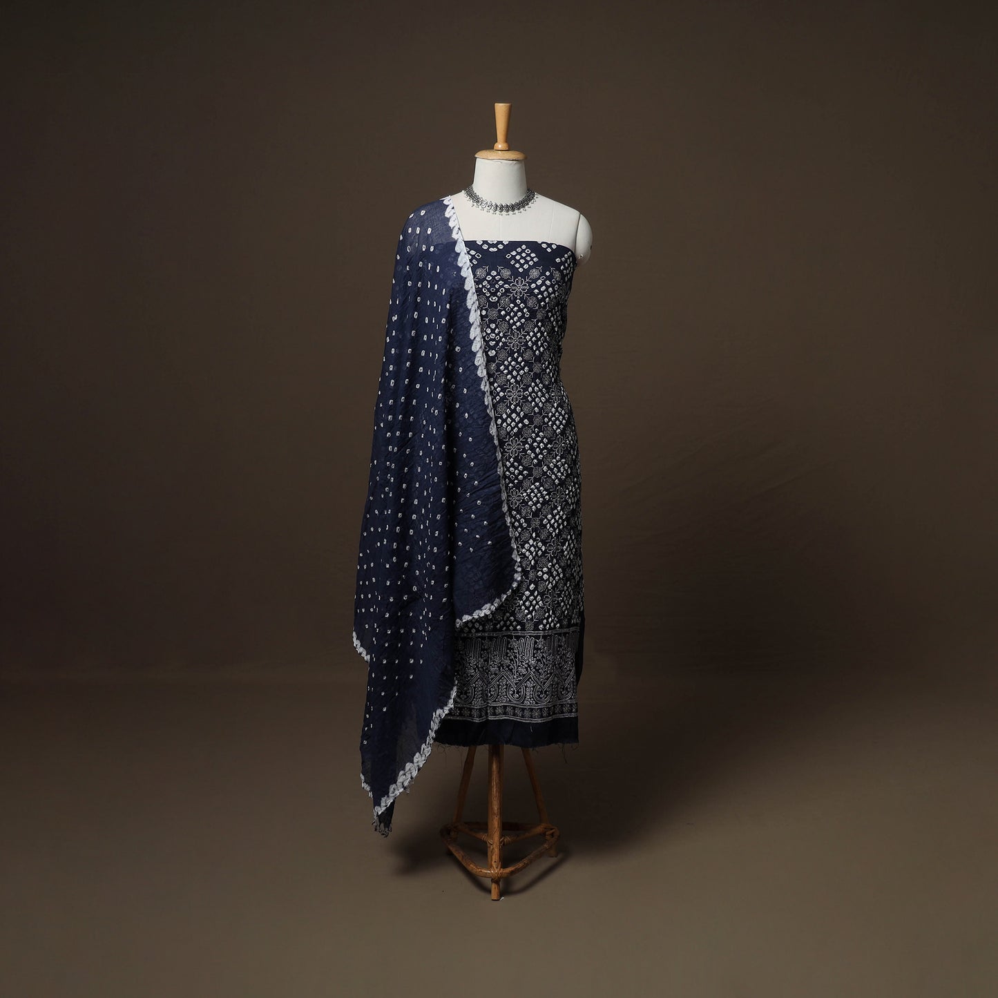 Kutch Bandhani Sequin Work Satin Cotton Unstitched Dress Material: Kurta, Bottom & Dupatta 08