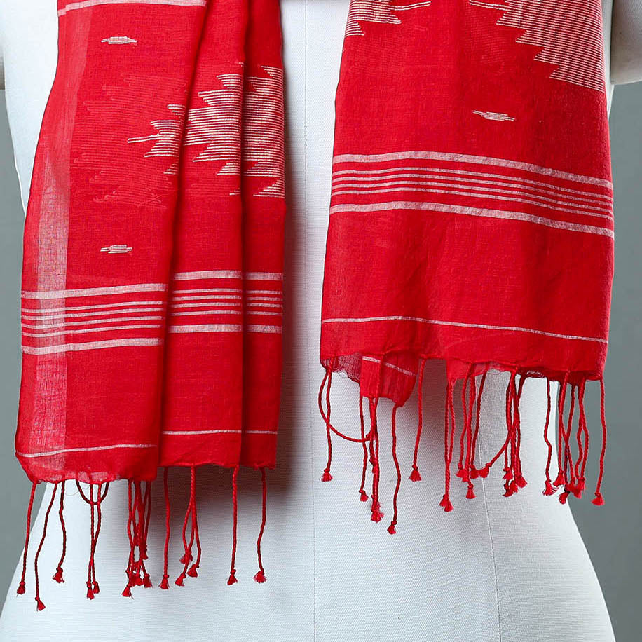 Red - Burdwan Jamdani Cotton Handloom Stole with Tassels 52