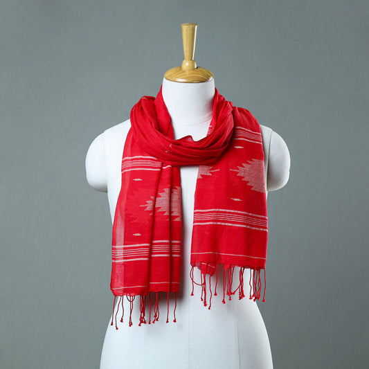 Red - Burdwan Jamdani Cotton Handloom Stole with Tassels 52