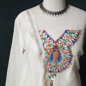 White - Madhubani Handpainted Chanderi Silk 2pc Unstitched Dress Material Kurta Set 09