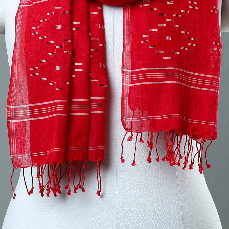 Red - Burdwan Jamdani Cotton Handloom Stole with Tassels 54