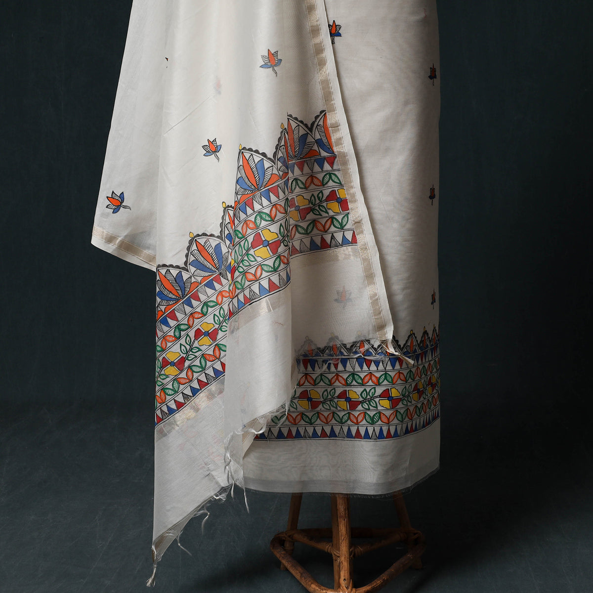 White - Madhubani Handpainted Chanderi Silk 2pc Unstitched Dress Material Kurta Set 09