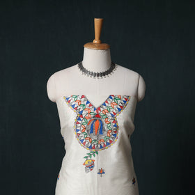 White - Madhubani Handpainted Chanderi Silk 2pc Unstitched Dress Material Kurta Set 09