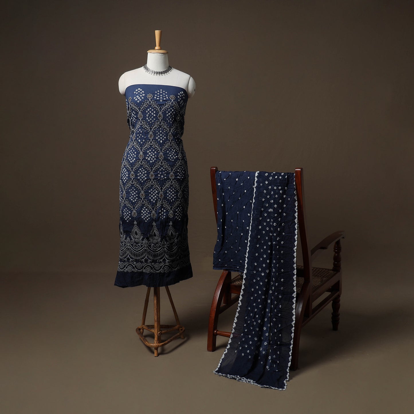 Kutch Bandhani Sequin Work Satin Cotton Unstitched Dress Material: Kurta, Bottom & Dupatta 09