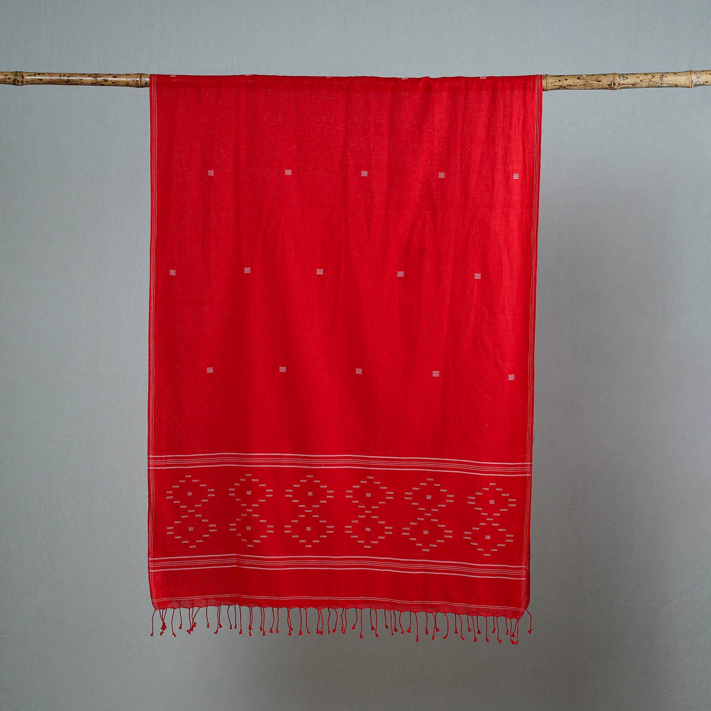 Red - Burdwan Jamdani Cotton Handloom Stole with Tassels 54