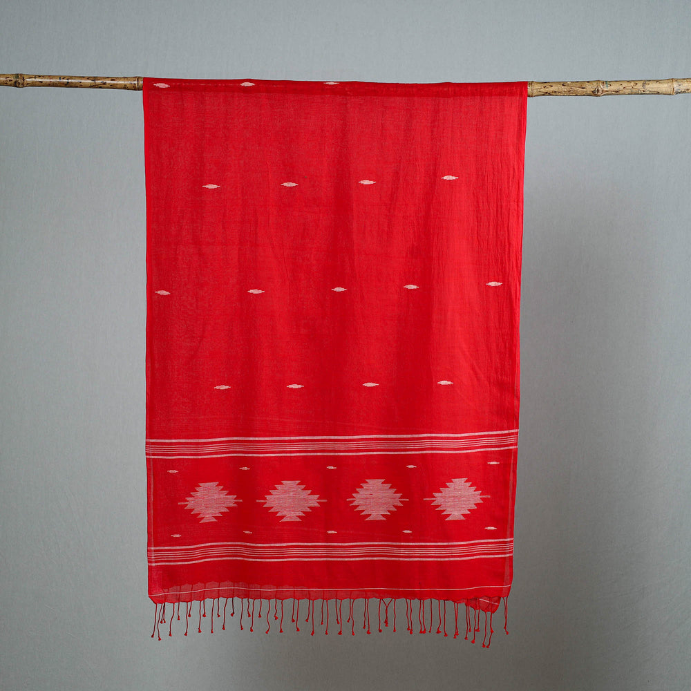 Red - Burdwan Jamdani Cotton Handloom Stole with Tassels 52