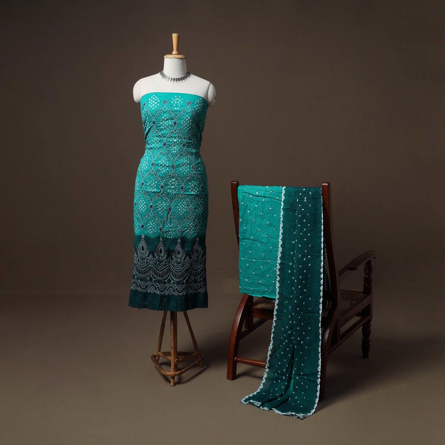 Kutch Bandhani Sequin Work Satin Cotton Unstitched Dress Material: Kurta, Bottom & Dupatta 11