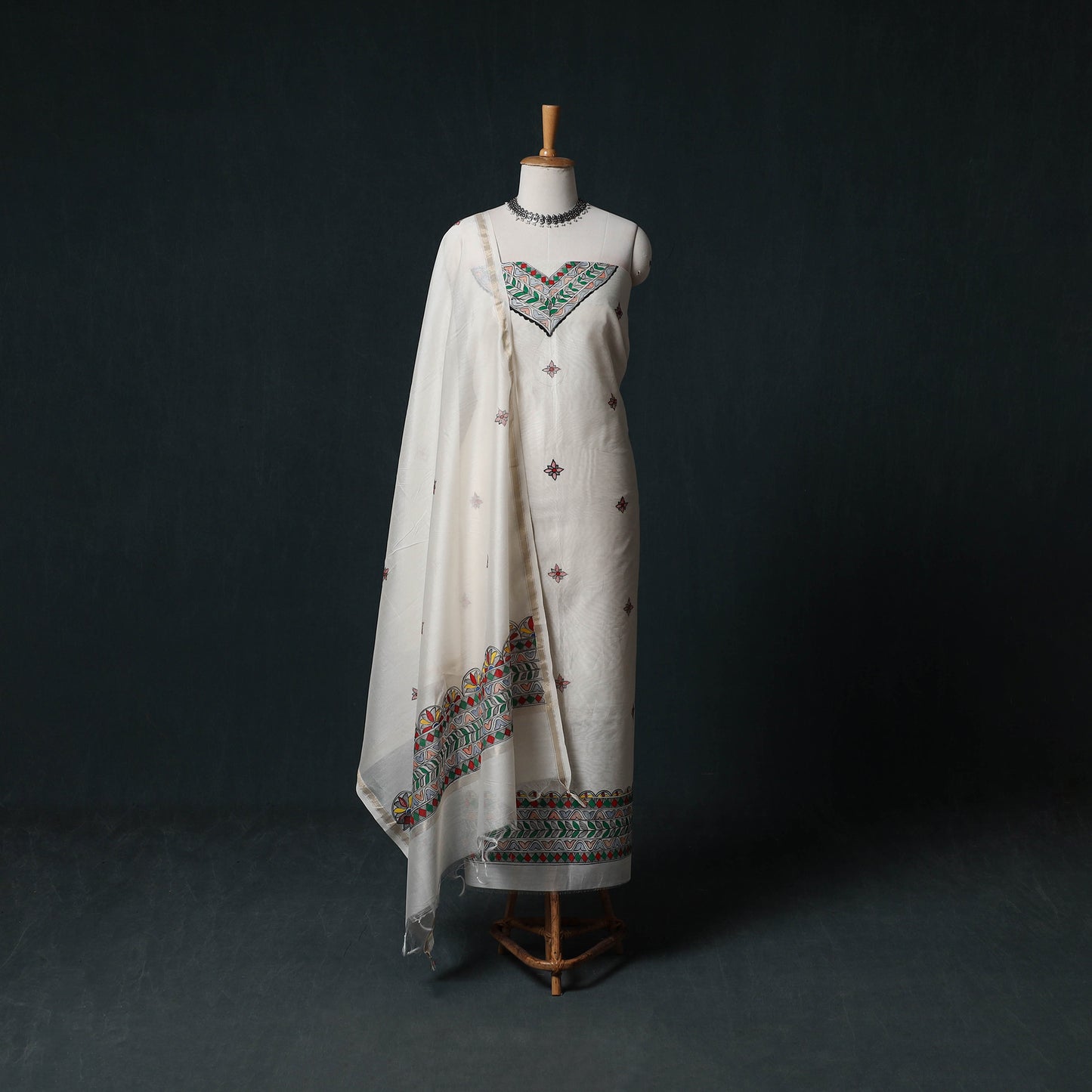 White - Madhubani Handpainted Chanderi Silk 2pc Unstitched Dress Material Kurta Set 12