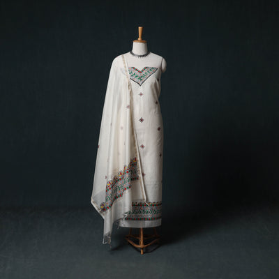 White - Madhubani Handpainted Chanderi Silk 2pc Unstitched Dress Material Kurta Set 12