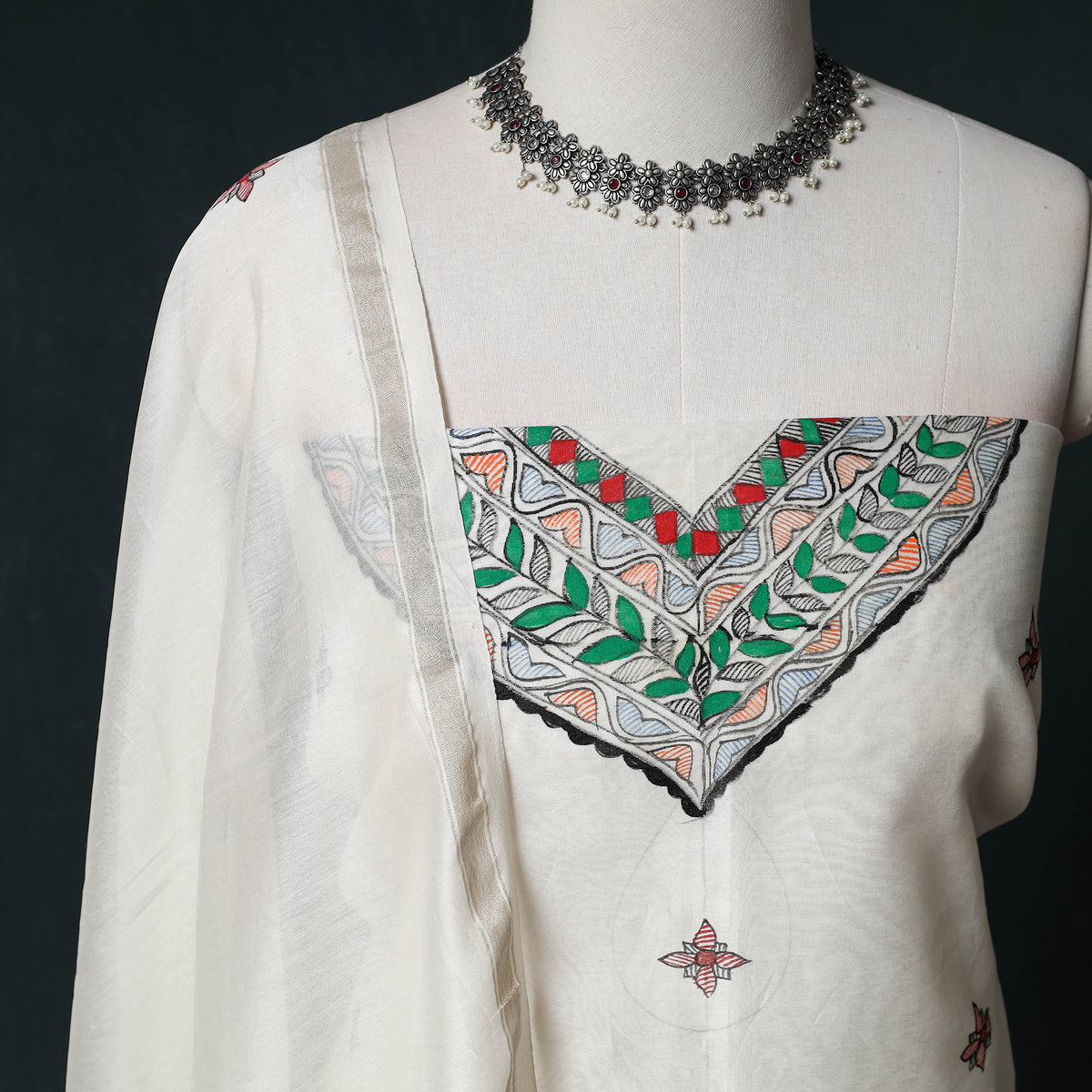 White - Madhubani Handpainted Chanderi Silk 2pc Unstitched Dress Material Kurta Set 12