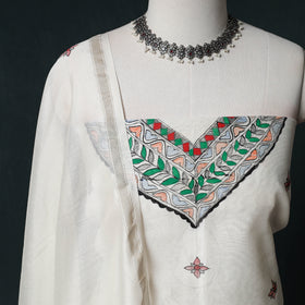 White - Madhubani Handpainted Chanderi Silk 2pc Unstitched Dress Material Kurta Set 12