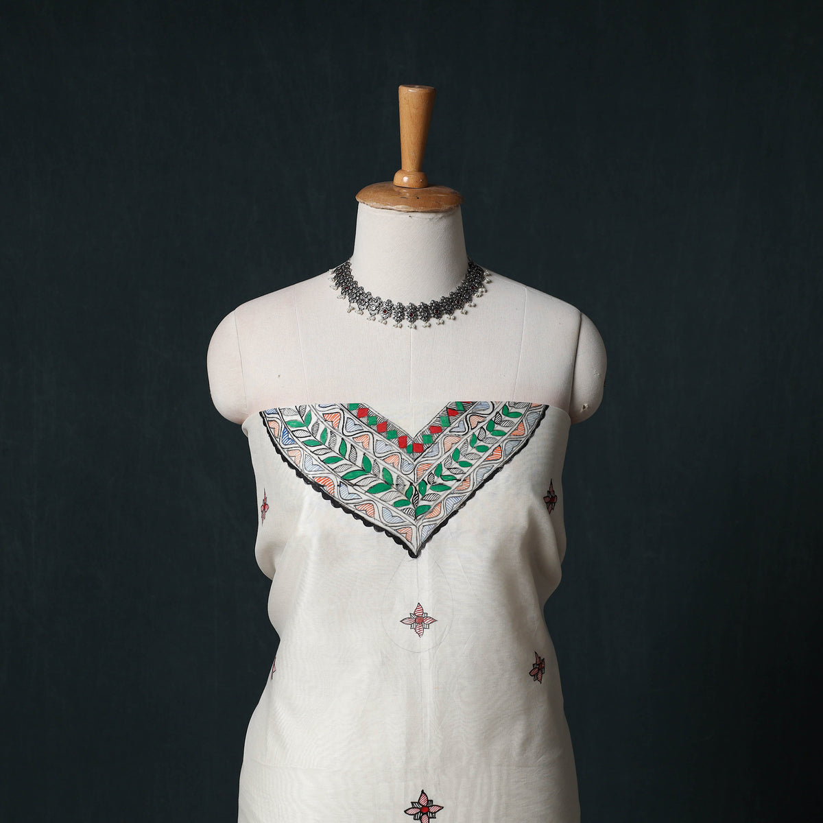 White - Madhubani Handpainted Chanderi Silk 2pc Unstitched Dress Material Kurta Set 12