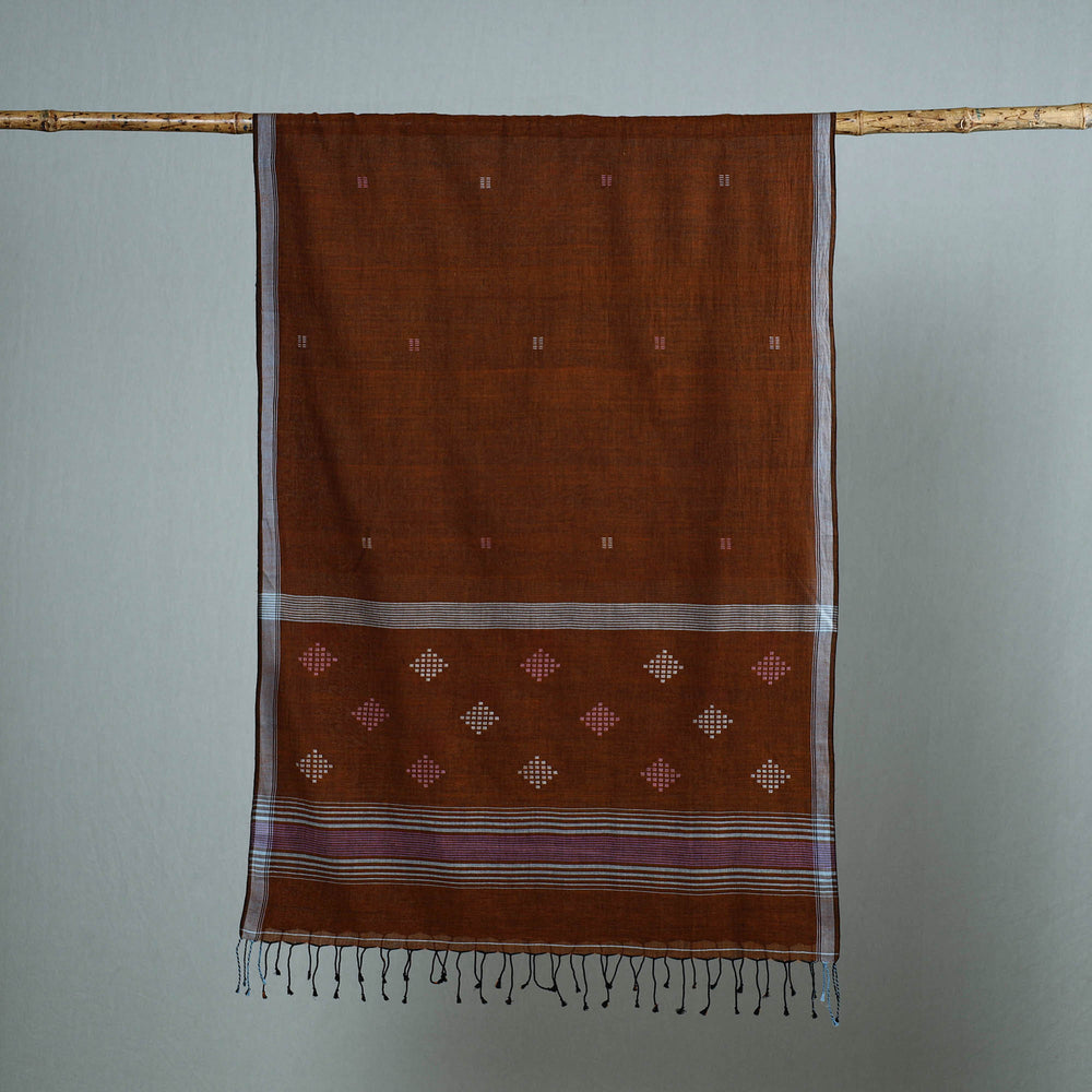 Brown - Burdwan Jamdani Cotton Handloom Stole with Tassels 47