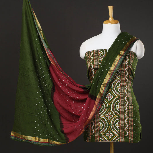 Green - 3pc Kutch Bandhani Tie-Dye Sequin Work Satin Cotton Suit Material Set