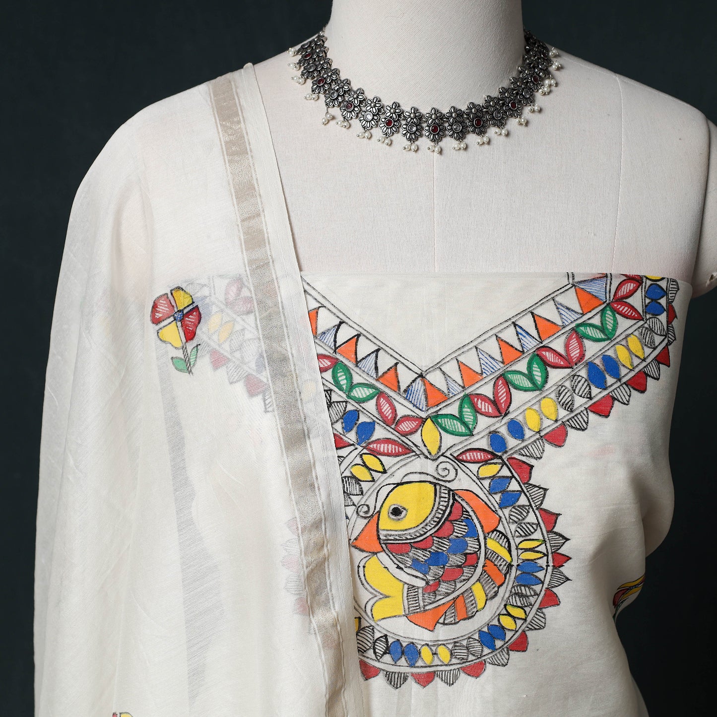 Madhubani Handpainted Chanderi Silk 2pc Unstitched Dress Material Kurta Set 13