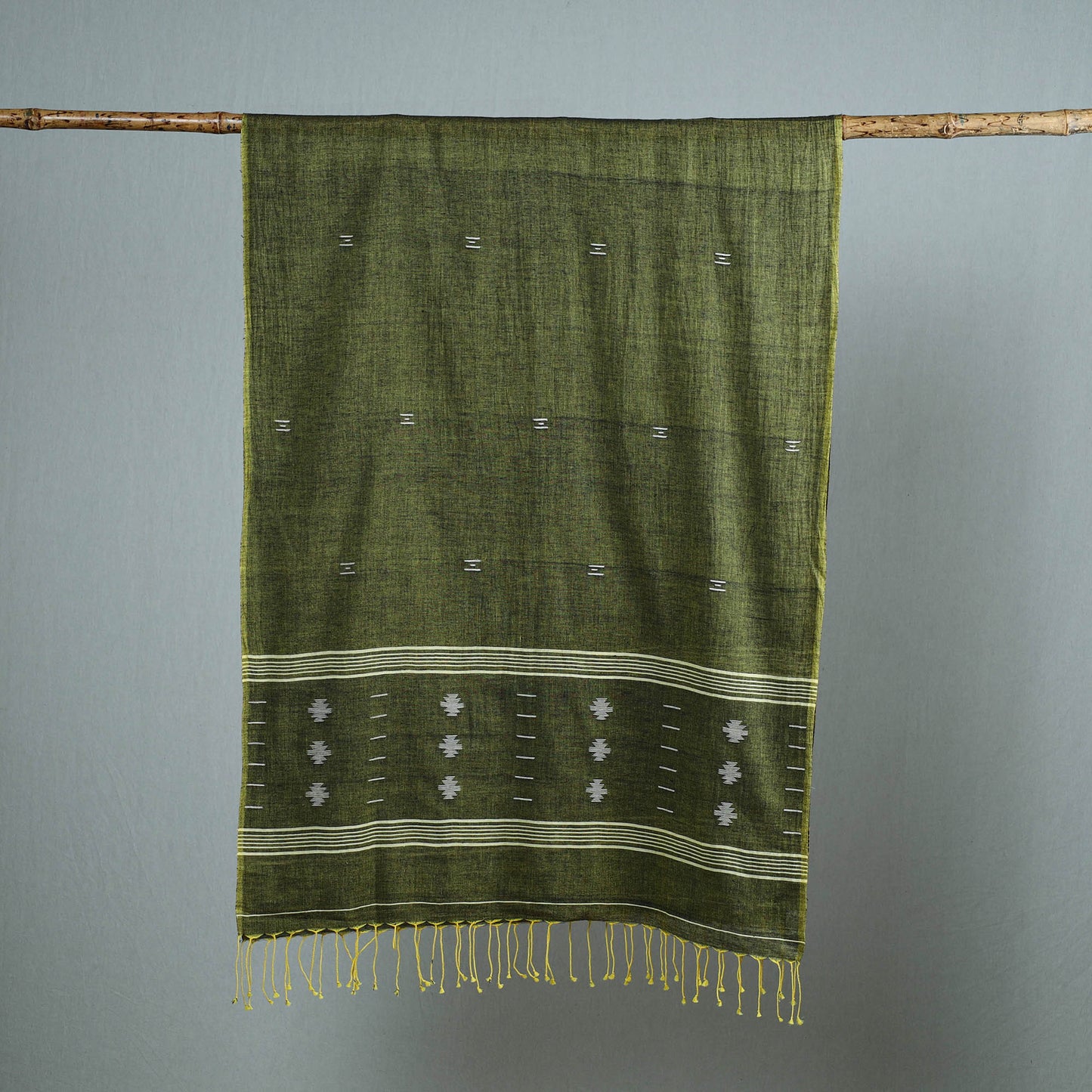 Green - Burdwan Jamdani Cotton Handloom Stole with Tassels 44