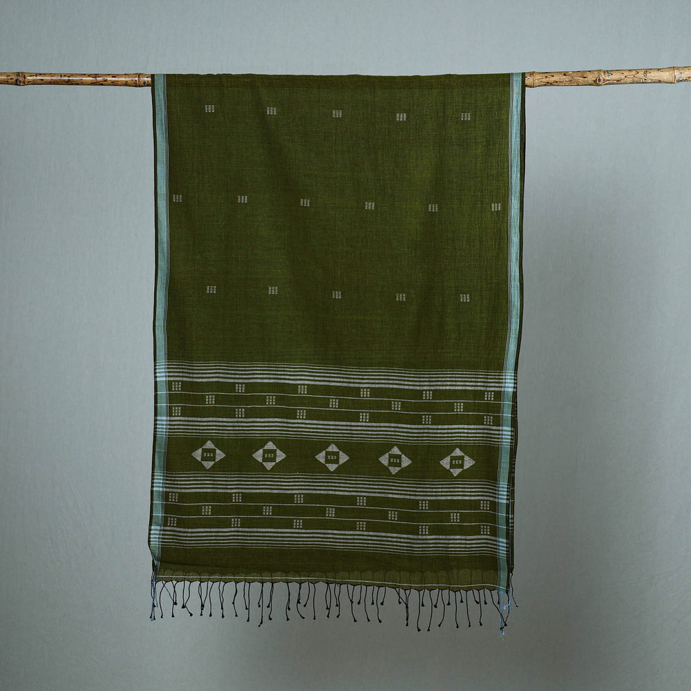 Green - Burdwan Jamdani Cotton Handloom Stole with Tassels 43