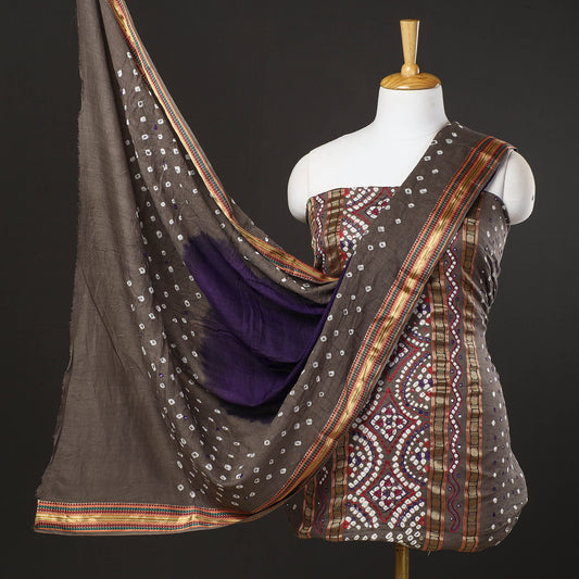 Brown - 3pc Kutch Bandhani Tie-Dye Sequin Work Satin Cotton Suit Material Set