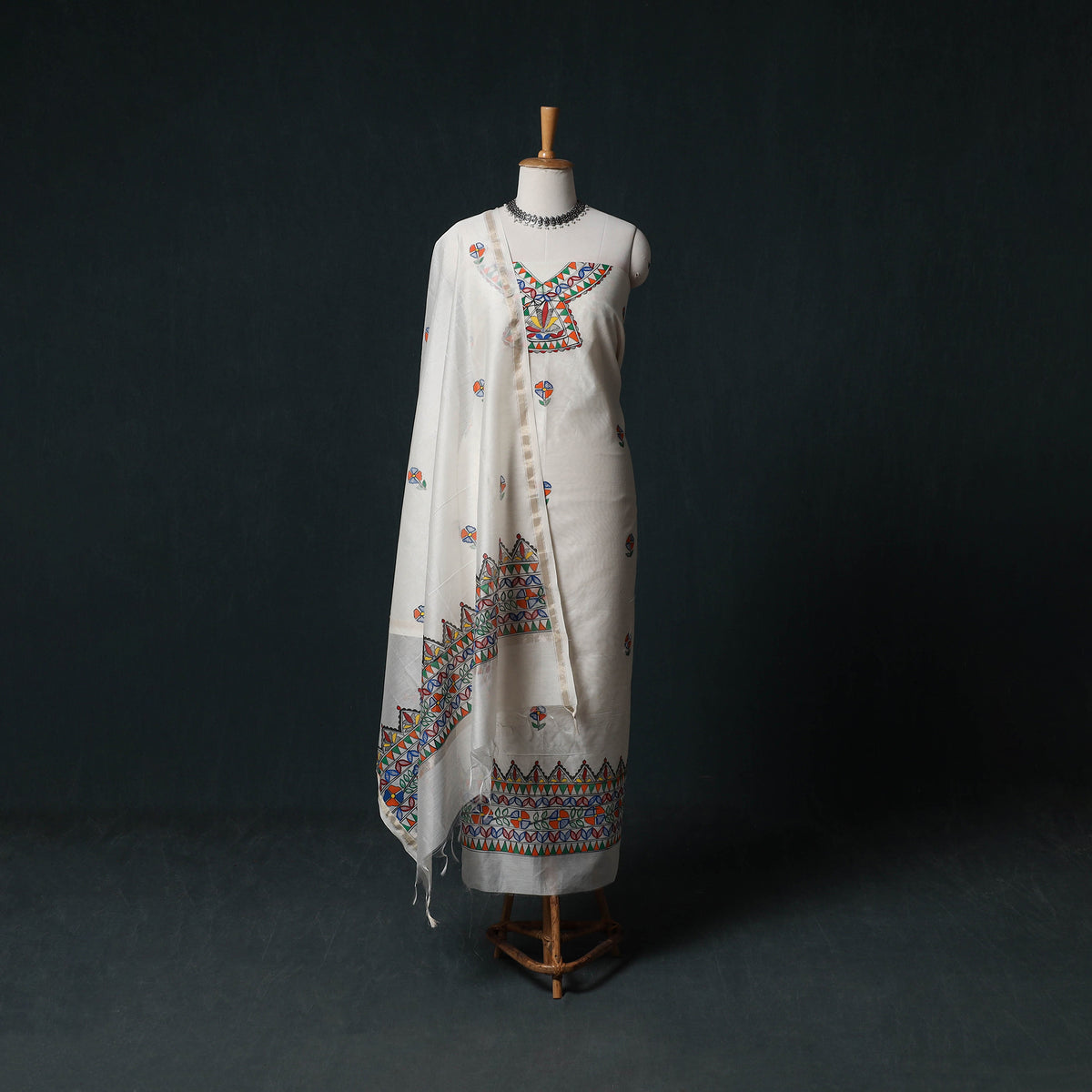 White - Madhubani Handpainted Chanderi Silk 2pc Unstitched Dress Material Kurta Set 14