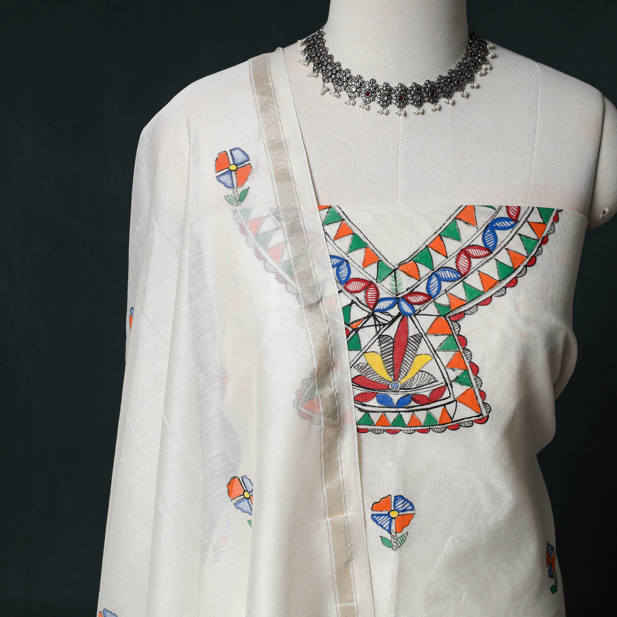 White - Madhubani Handpainted Chanderi Silk 2pc Unstitched Dress Material Kurta Set 14