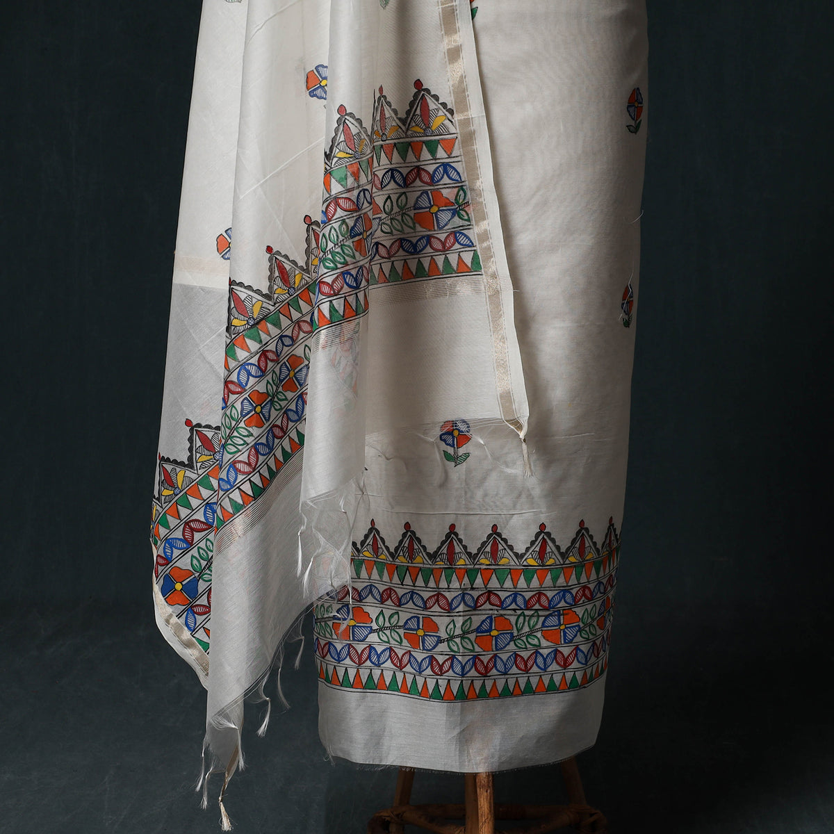 White - Madhubani Handpainted Chanderi Silk 2pc Unstitched Dress Material Kurta Set 14
